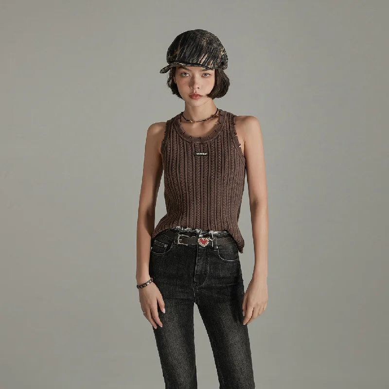 Ribbed Distressed Knit Sleeveless Top Sleek Women's 