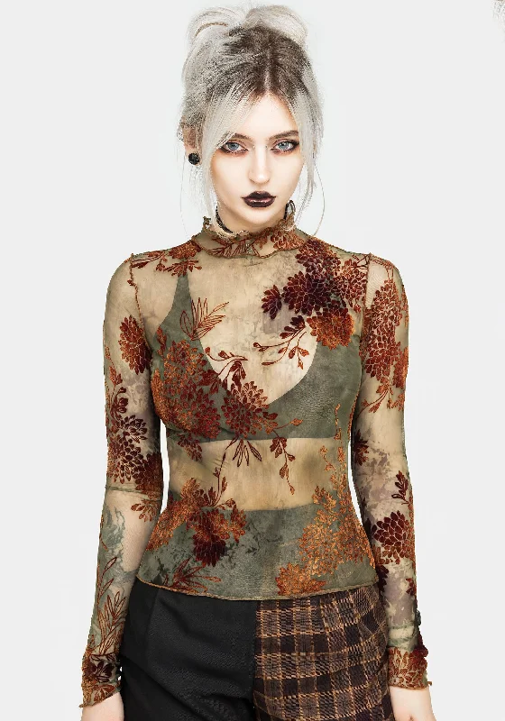 Rosaleigh Flock Velour Mesh Long Sleeve Top Feminine Women's Soft 