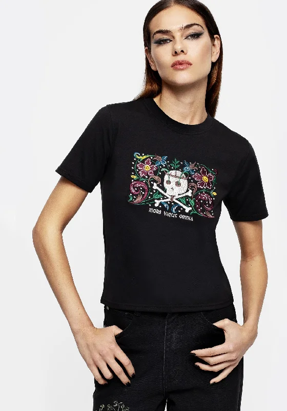 Death Conquers All Floral Skull Embroidered Graphic Crop Tee Monochromatic All - in - one