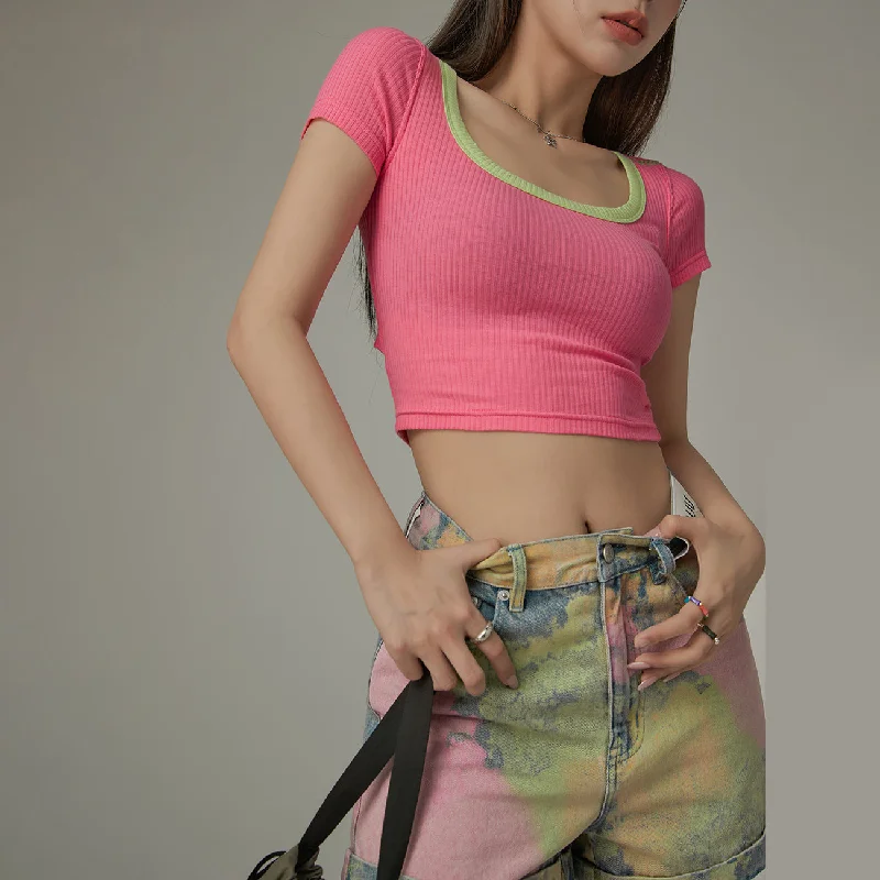 Basic U-Neck Color Matching Back Slit Slim T-Shirt Sporty Women's Athleisure 