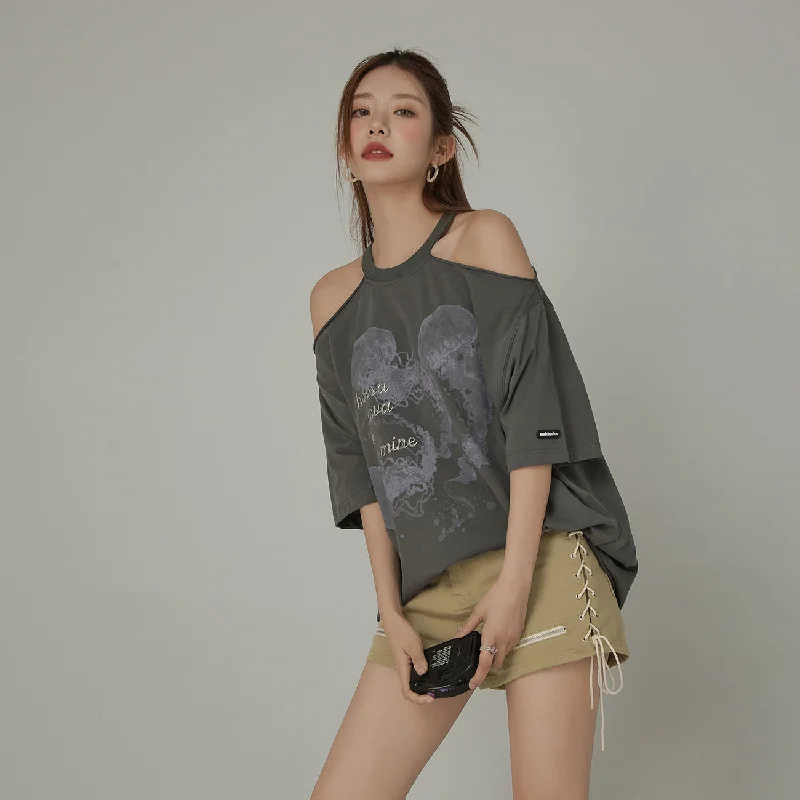 Off-The-Shoulder Jelly Fish Loose-Fitting T-Shirt Traditional Women's 