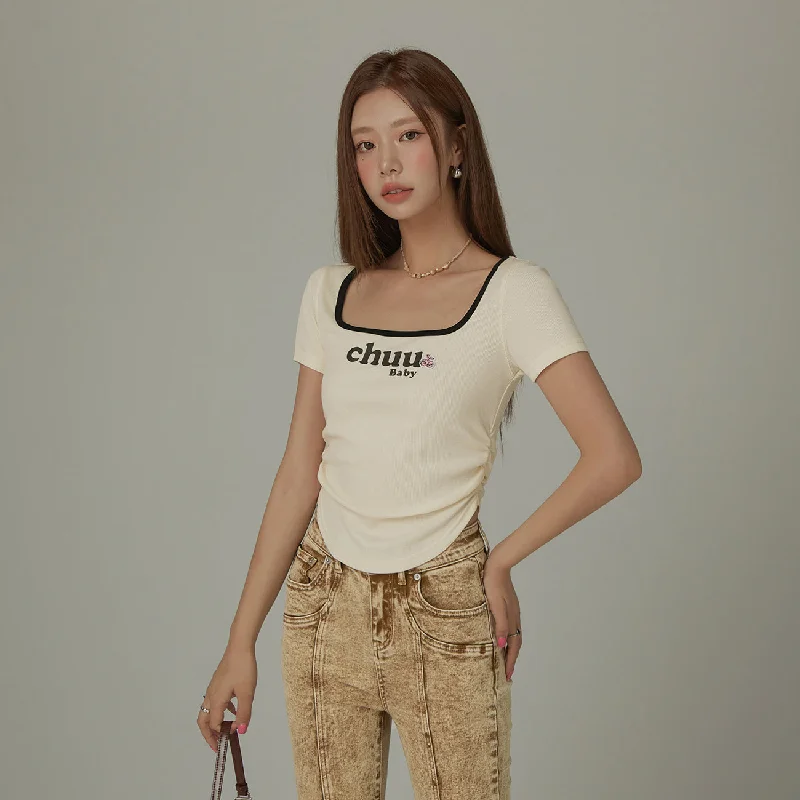 Square Neck Shirring Logo Printed T-Shirt Earthy Women's 