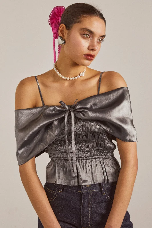 elsa shirred bardot cami - grey glass satin Elegant Women's Formal 