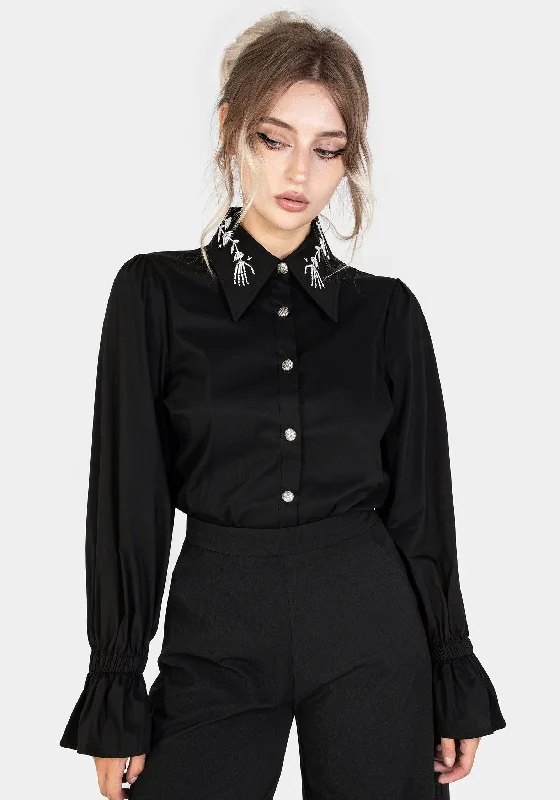 Tempora Embroidered Button Up Shirt - Black Artistic Women's Hand - painted