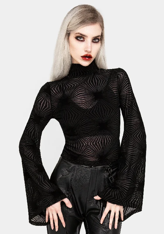Strobe Flocked Mesh Flare Sleeve Top Sporty Women's Athleisure 