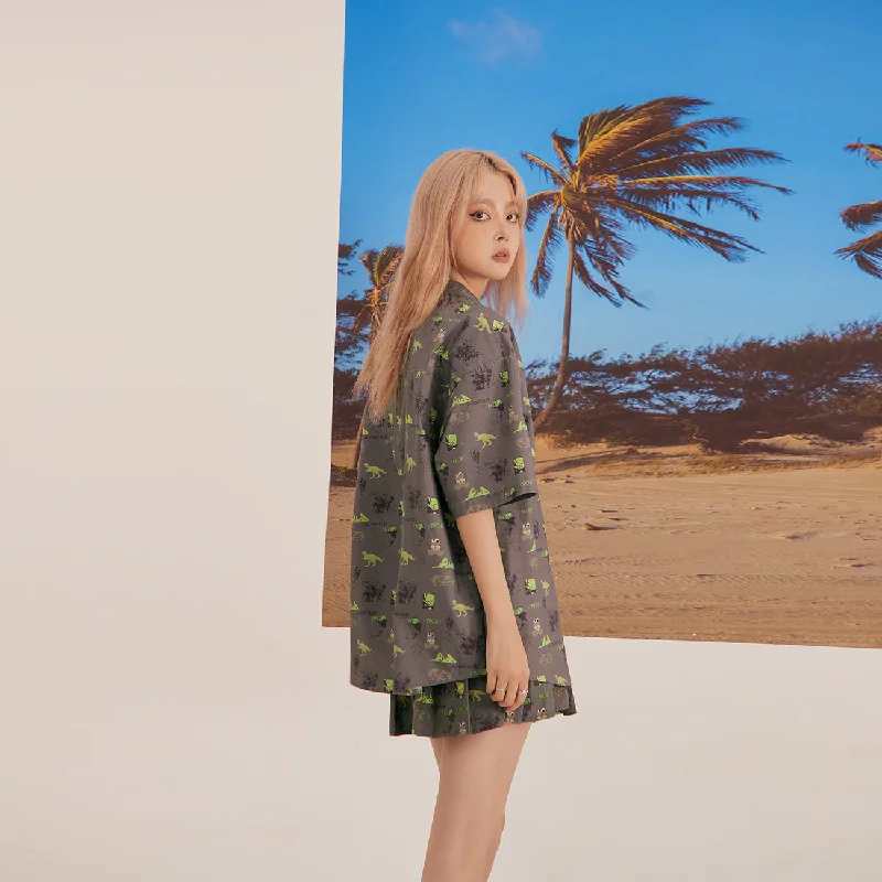Dinosaur Print Short Sleeve Shirt Sophisticated Women's Tailored