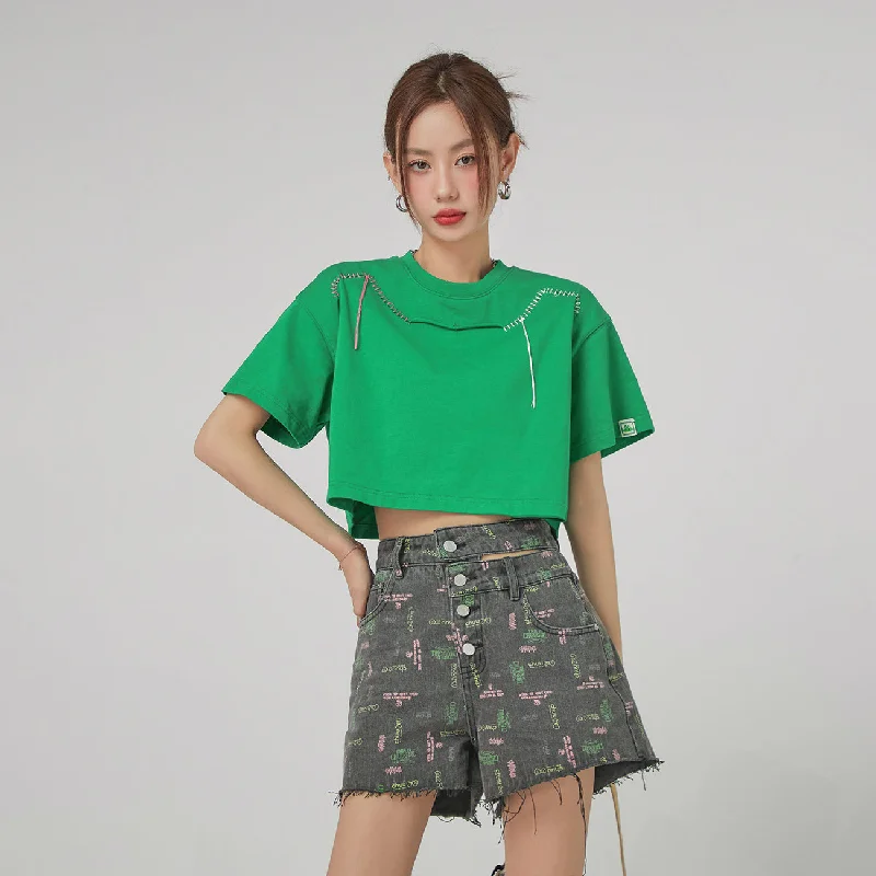 Stitches Lines Loosefit Crop Top Cashmere