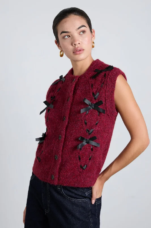 aggie knit vest with bows- burgundy cable Geometric