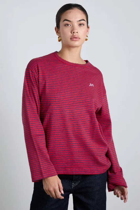 red and navy  stripe long sleeve top Hip Women's Retro