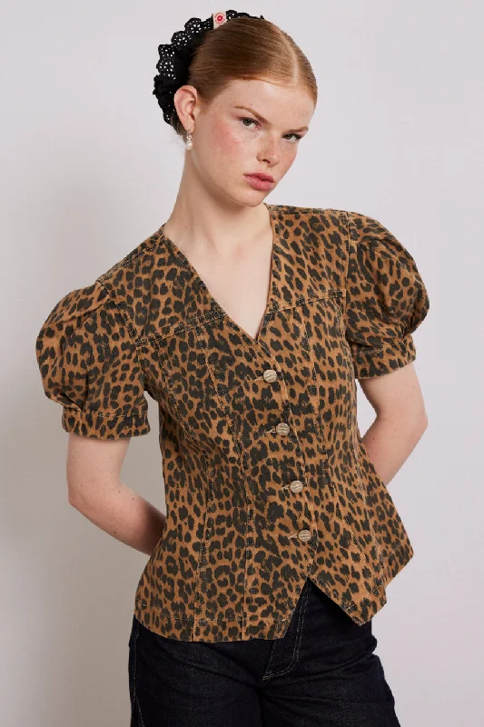 shell denim top - leopard Casual Women's Japanese 