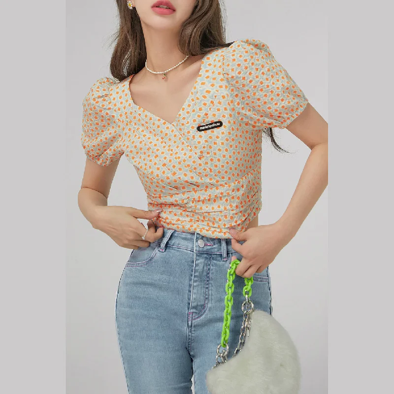 Front Faux Wrap Puff Sleeve Flower Blouse Modern Women's 
