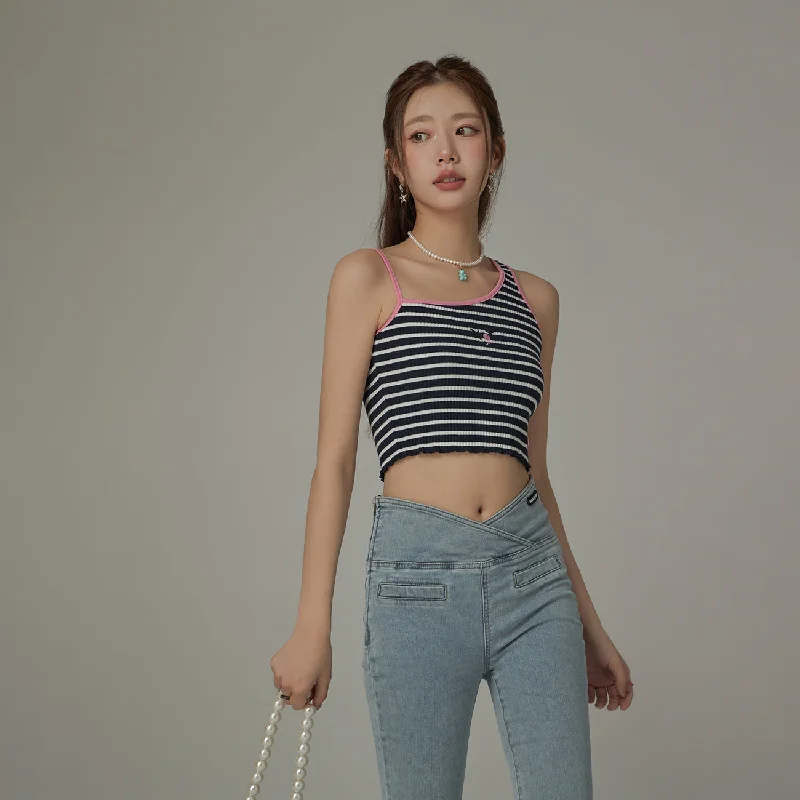 Unbalanced Striped Sleeveless Crop Top Trendy Women's Oversized