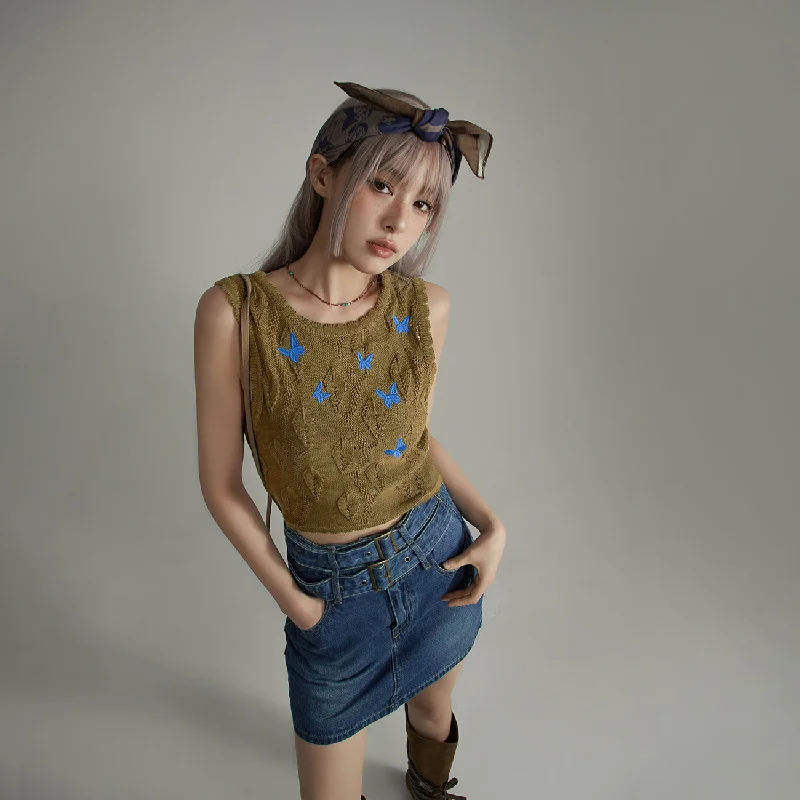 Butterfly Embroidered Knit Cami Top Casual Women's Japanese 
