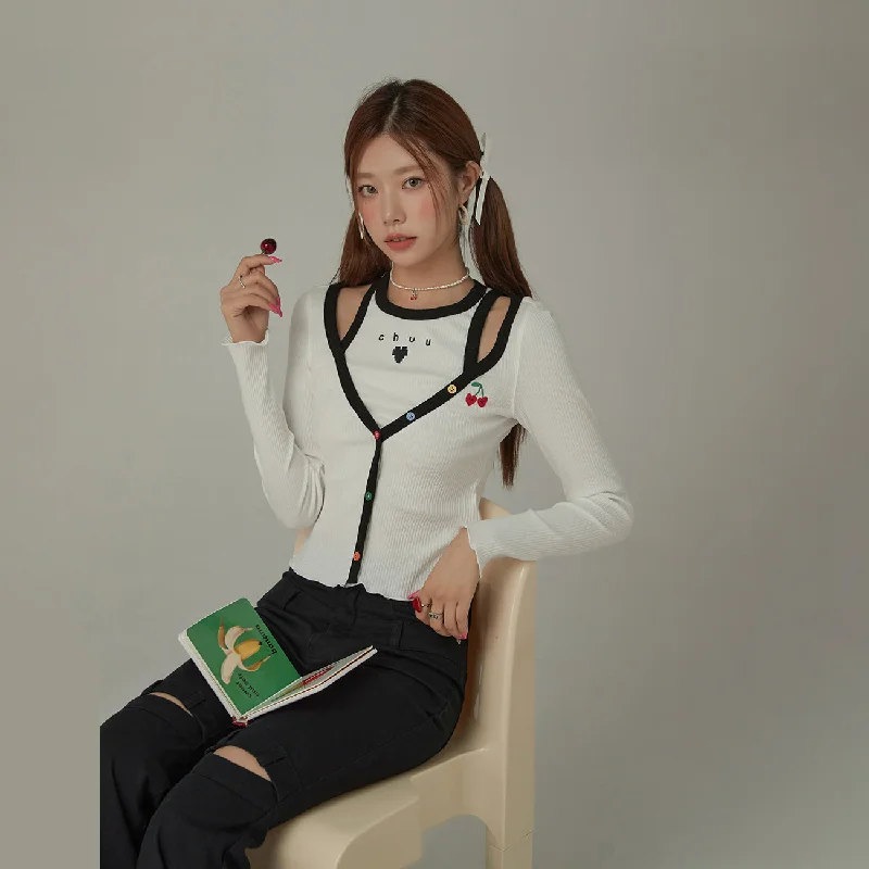 Rainbow Button Logo Layed Long Sleeve Top Sophisticated Women's Tailored