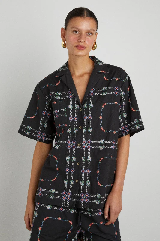 tablecloth embroidered shirt - black floral Practical Women's Quick - dry