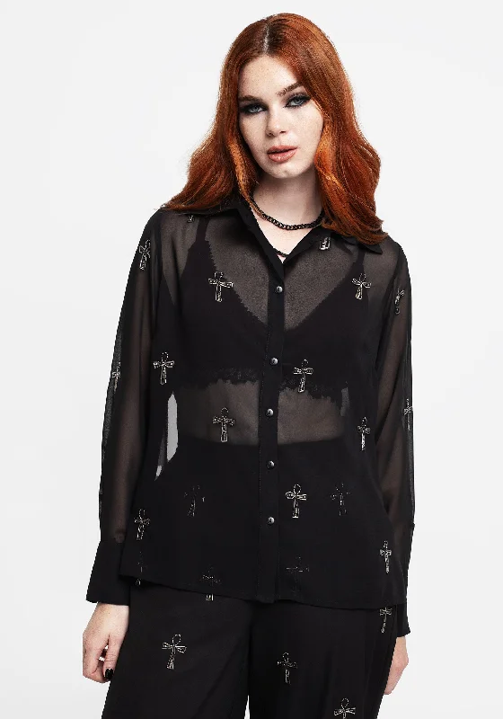 Ankh Beaded Chiffon Button Up Shirt Bold Women's Animal Print