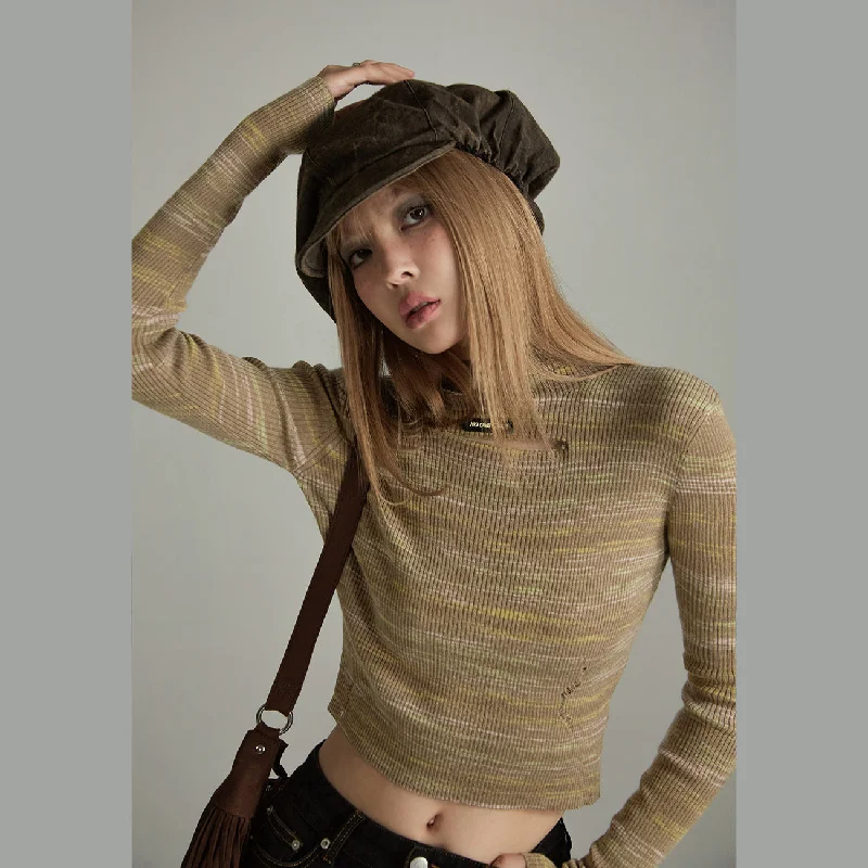 Front Slit Crop Knit Top Casual Women's Japanese 