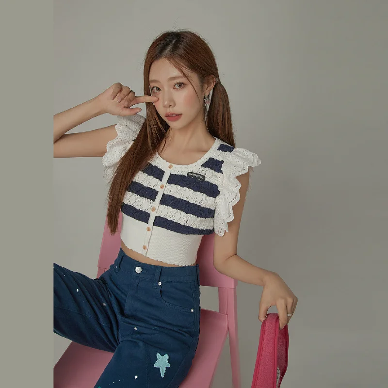 Ruffled Lace Striped Crop Knit Top Laid - back Women's Style
