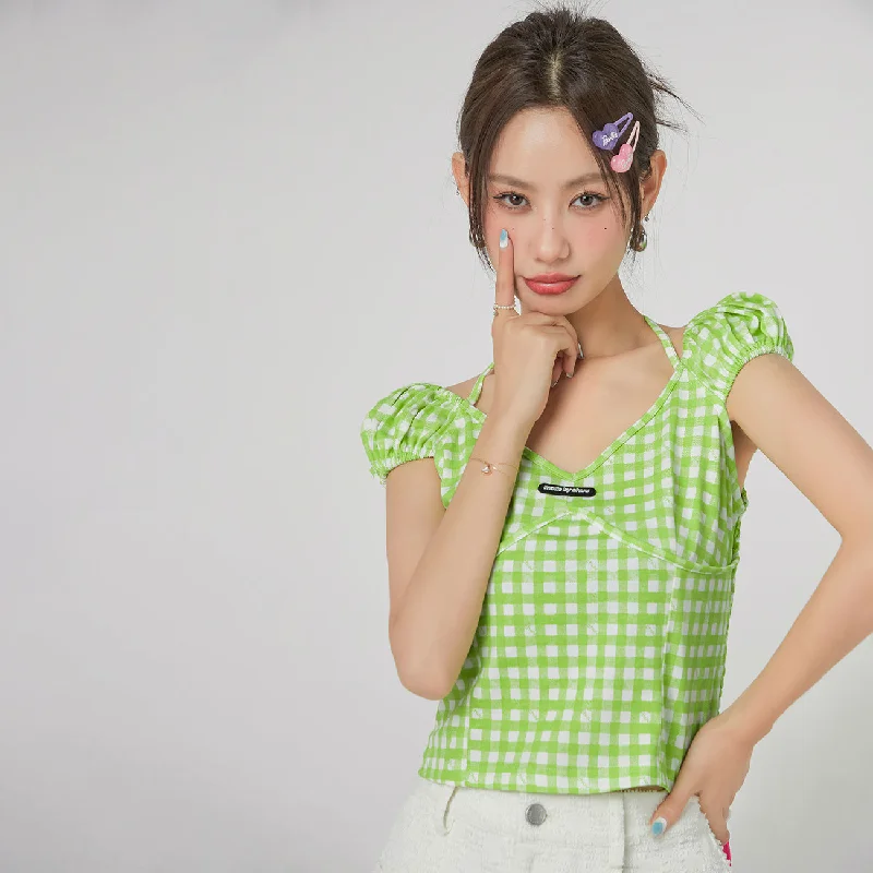 Picnic Check Puff Sleeves Blouse Dapper Women's 1920S