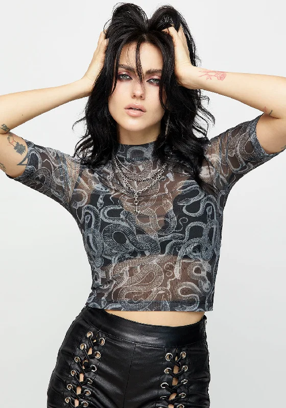 Serpente Print Mesh Short Sleeve Crop Top Stylish Women's Tropical 