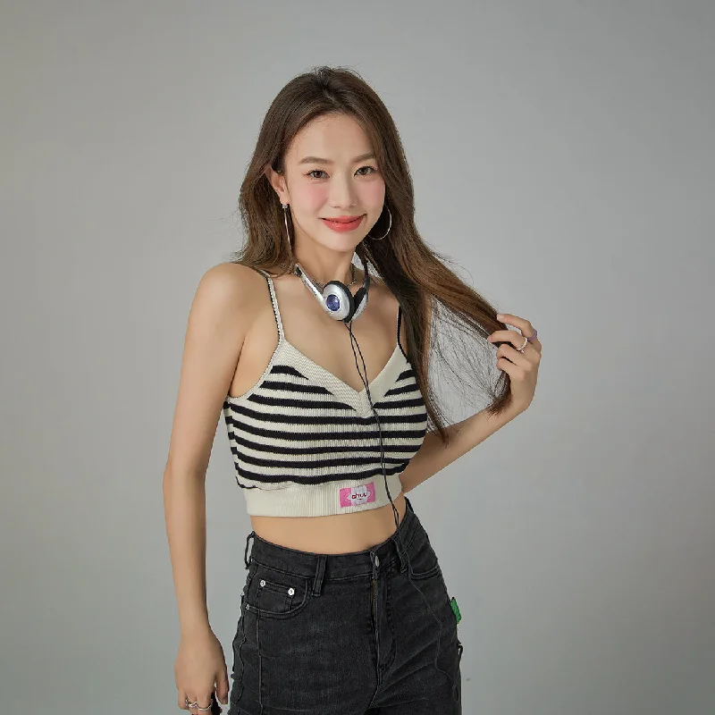 V Neck Stripe Knit Crop T-Shirt Relaxed Women's 