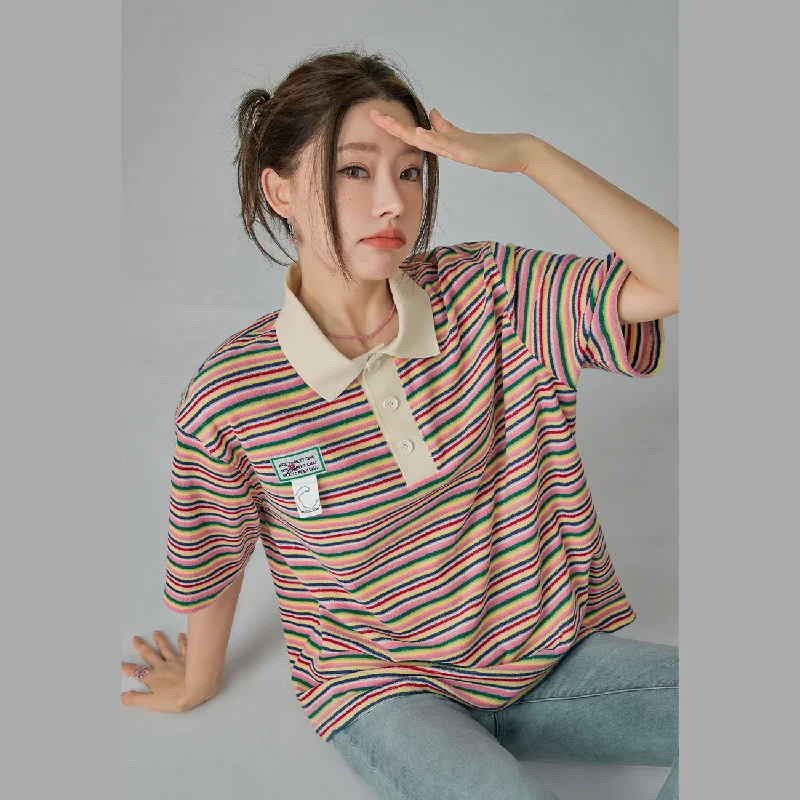 Rainbow Stripes Loose Fit Polo T-Shirt Classic Women's Tweed