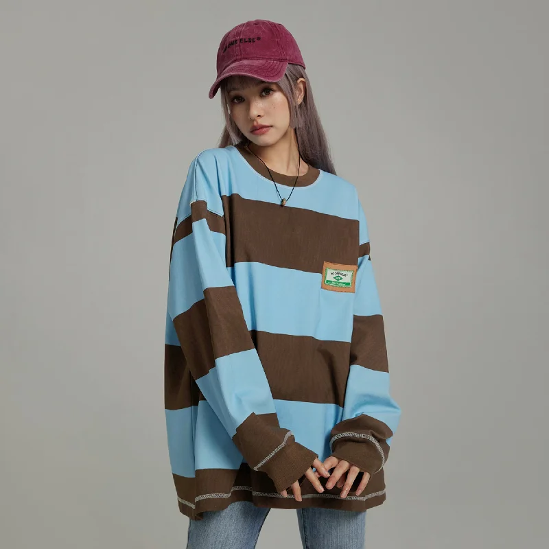 Round Neck Large Stripes Long-Sleeves Top Sleek Women's 