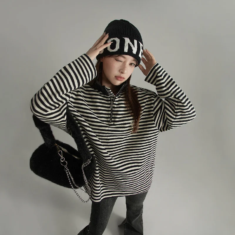 High Neck Stripe Zip-Up Sweatshirt Sustainable Organic