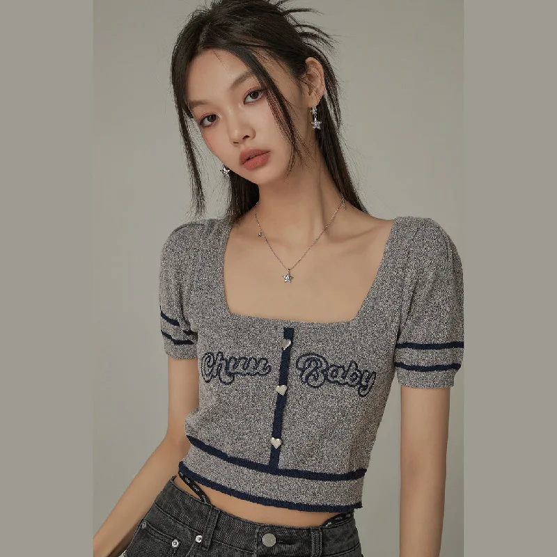 Chuu Baby Square Neck Heart Button Crop Kniit Top Modern Women's 