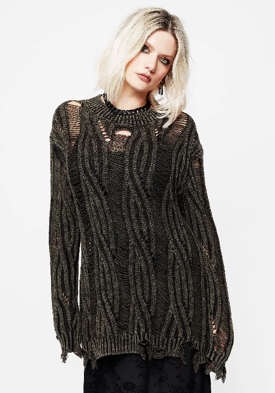 Granite Ladder Stitch Distressed Cable Knit Jumper Casual Women's Loose - fitting