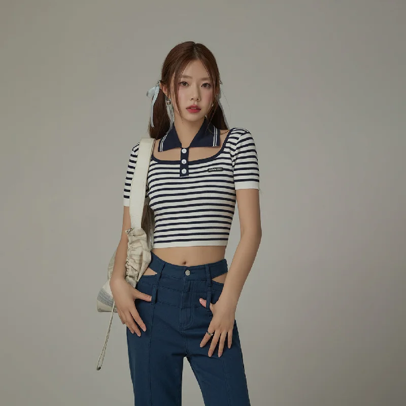Striped Cut Out Cropped Knit Top Monochromatic Office Style