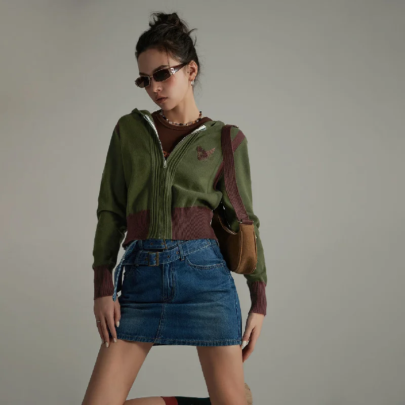 Color Combination Cropped Hood Zip-Up Gym