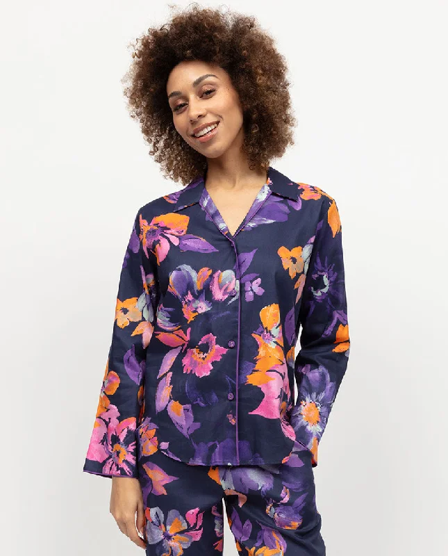 Edie Womens Floral Print Pyjama Top Classic Women's Pin - striped