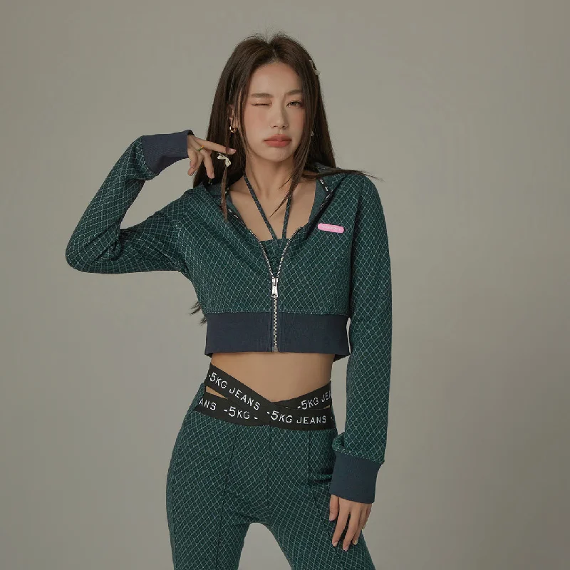 Check Crop Hood Zip-Up Compression