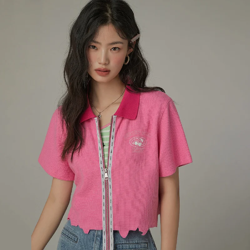 Color Matching Collar Zip-Up Top garde