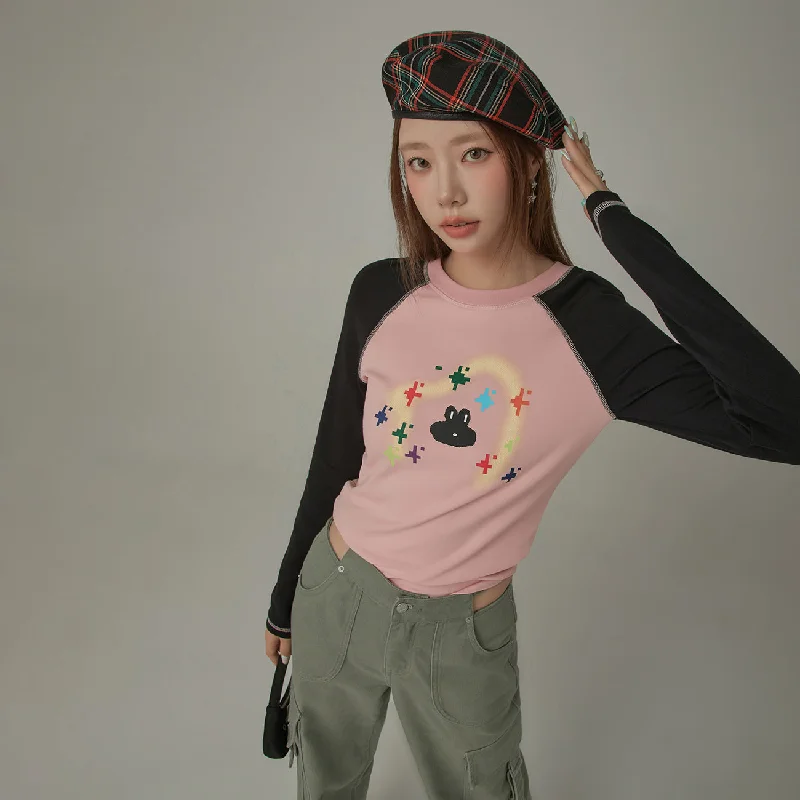 Character Pixel Stars Color Long Sleeve T-Shirt Relaxed Women's 