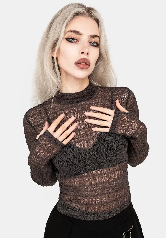 Myra Textured Mesh High Neck Long Sleeve Top Vintage Women's 1970S 
