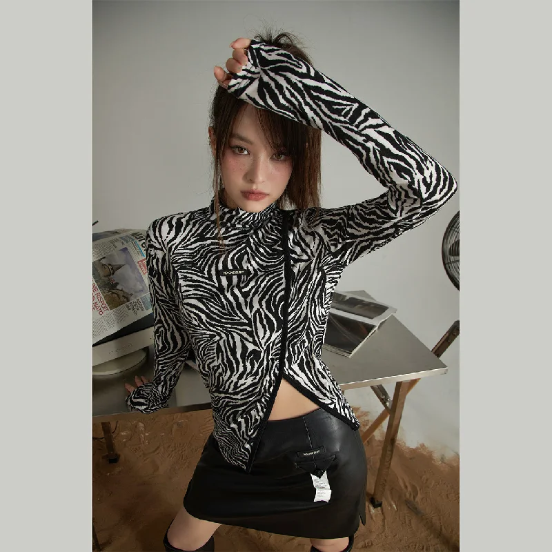 Zebra Cropped Side Slit T-Shirt Feminine Women's Style 