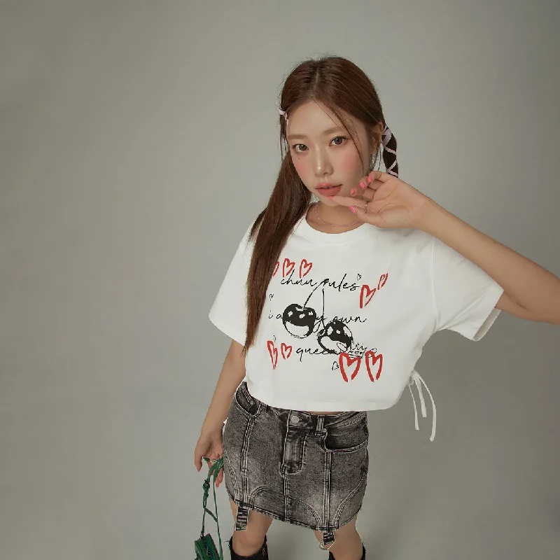 Heart Cherry Boxy Crop Loosefit T-Shirt Elegant Women's 