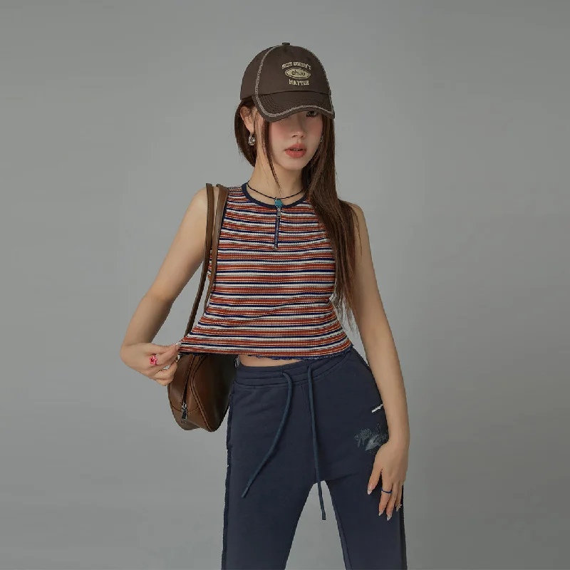 Half Zip-Up Striped Sleeveless Top Feminine Women's Style 