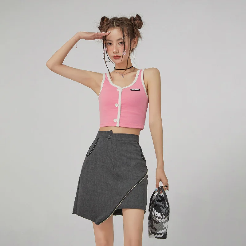 Front Button Crop Sleeveless Top Hip Women's Urban