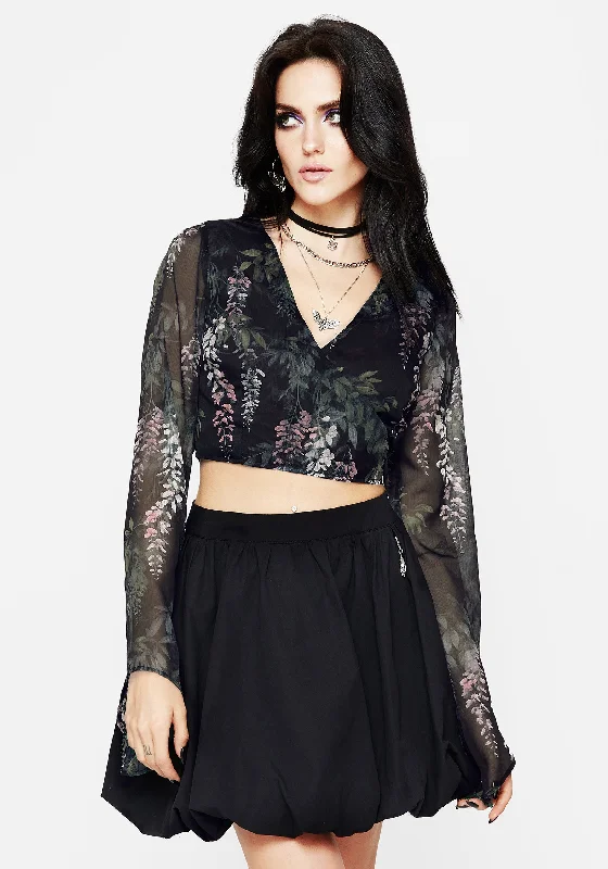 Wisteria Floral Print Chiffon Bell Sleeve Wrap Tie Top Bohemian Women's Free
