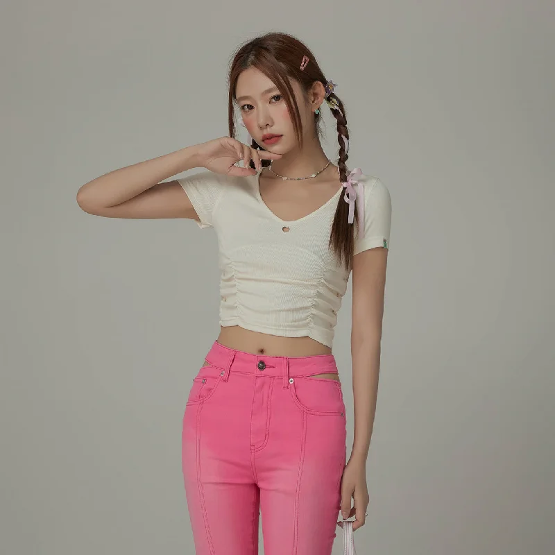 Color V-Neck Heart Keyhole Shirring Crop T-Shirt Tough Women's Military - inspired