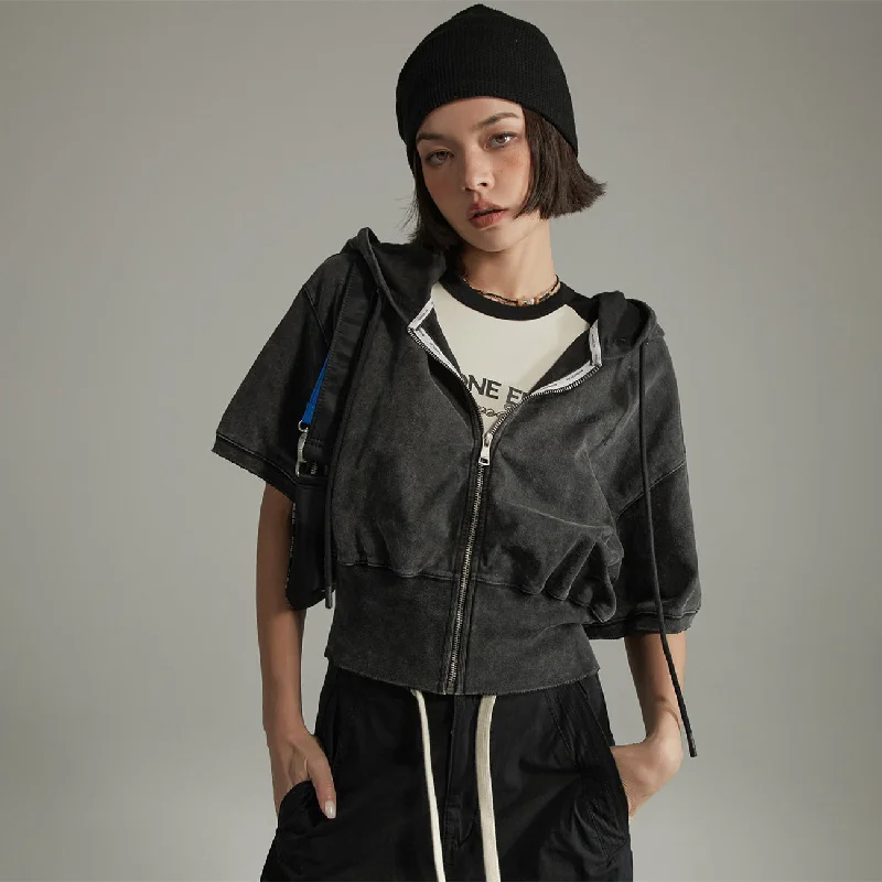 Cotton Short-Sleeves Zip-Up Hoodie Stylish Women's Tropical 
