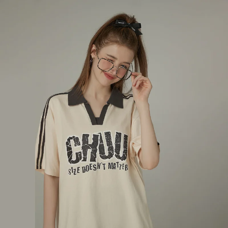 Size Doesnt Matter Open Collar Colorblocked Short Sleeve T-Shirt Trendy Women's 