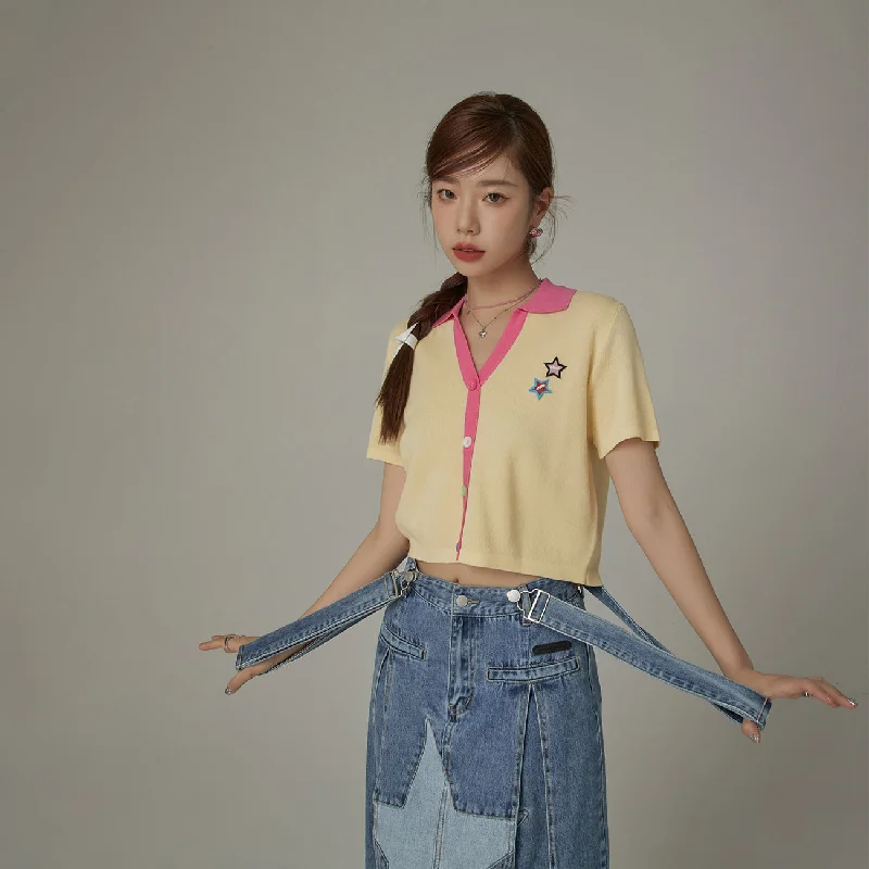 Star Open Collar Cropped Knit Top Sophisticated Women's 