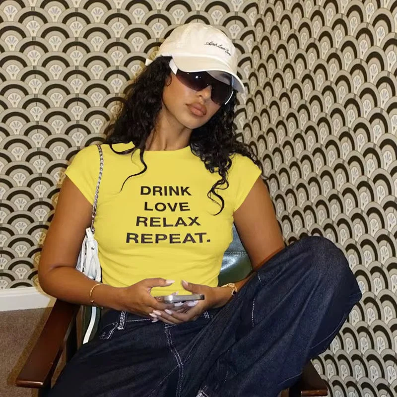 Drink Love Relax Repeat Yellow Crop Top Monochromatic All - in - one