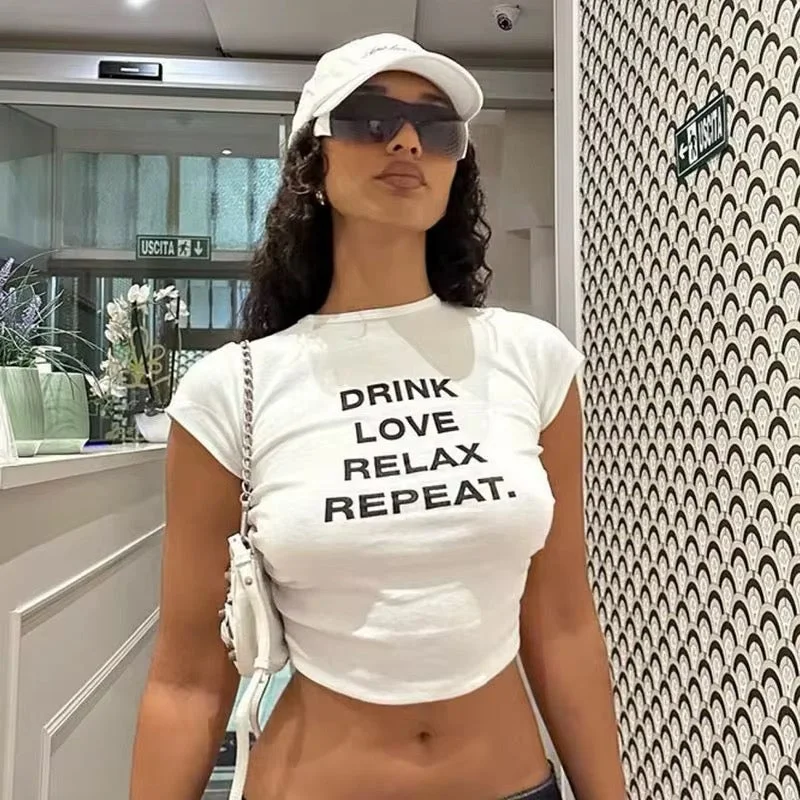 Drink Love Relax Repeat White Crop Top Modern Women's 
