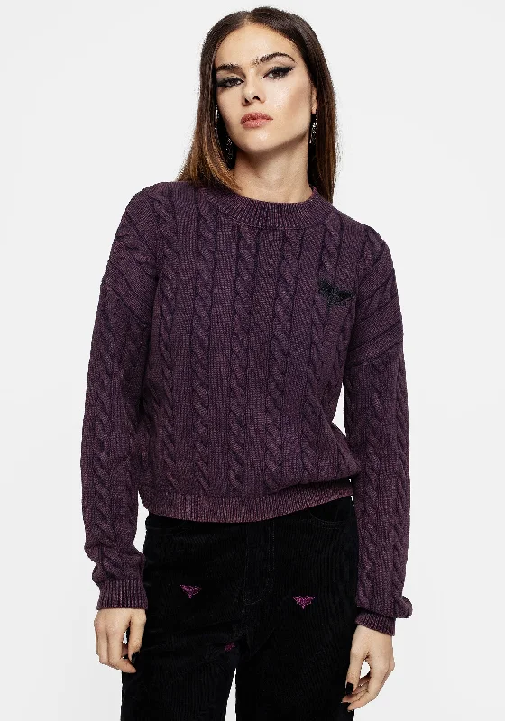Styx Moth Embroidered Acid Wash Cable Knit Jumper French