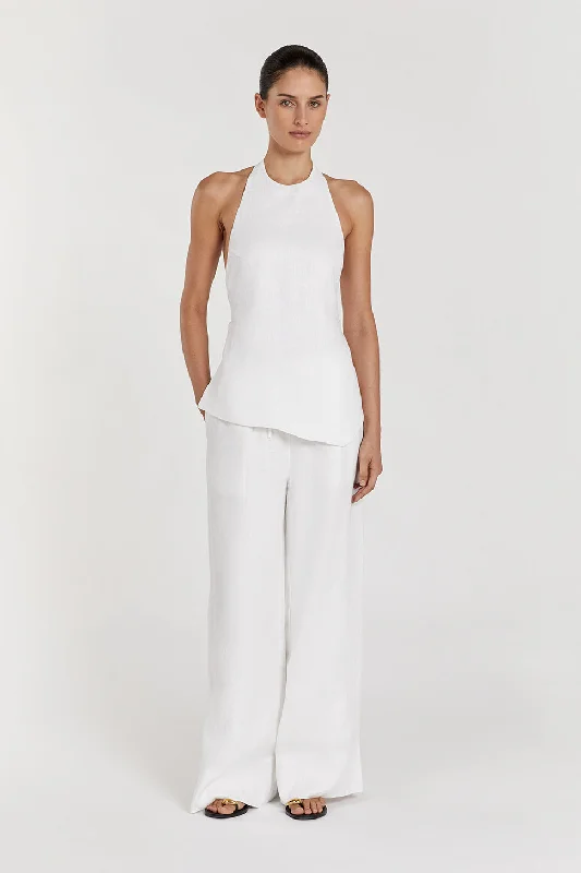 SERENA WHITE LINEN ASYM HALTER TOP Feminine Women's Style 